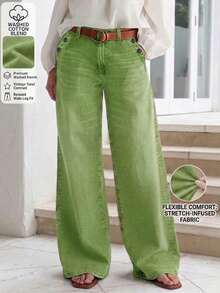 New Women's Multi-Button Wide Leg Casual Jeans - High Quality Denim, Fashionable And Comfortable Spring Fall - Bean Green - View 1
