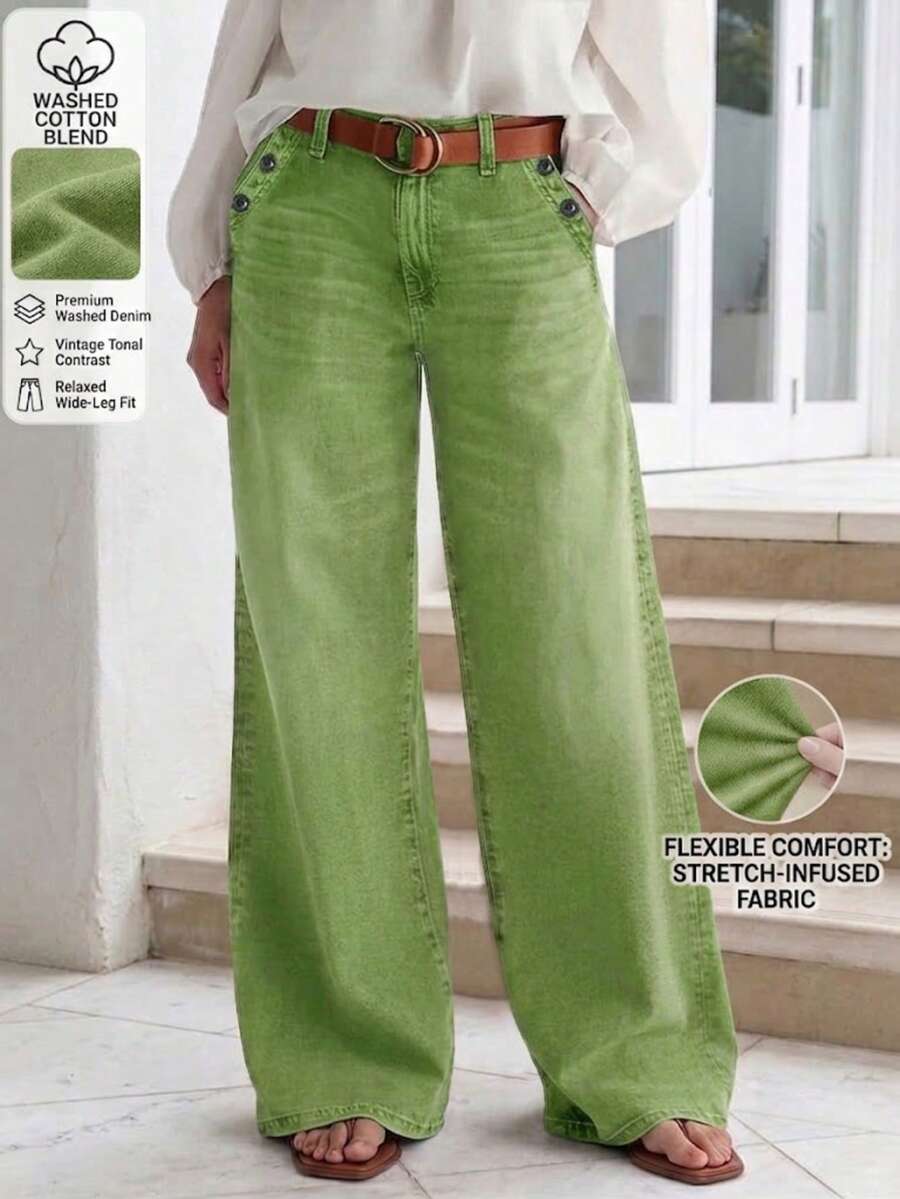 New Women's Multi-Button Wide Leg Casual Jeans - High Quality Denim, Fashionable And Comfortable Spring Fall - Bean Green - View 1
