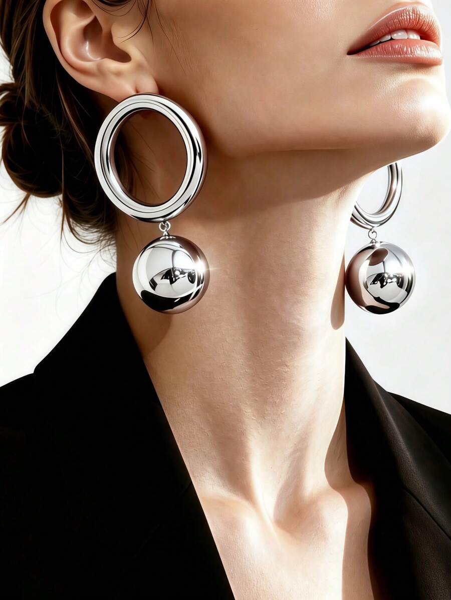 1 Pair Women's Gold Double-Layer Thick Hollow Large Hoop Connected To Large Solid Shiny Ball Long Dangle Earrings, Chunky Two-Section Hoop And Bead Combination Large Earrings, Suitable For Party, Vacation, Banquet Wear - Silver - View 1