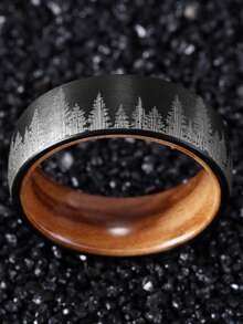 1pc 8mm-Wide Black Tungsten Steel Forest Mountain Ring Men's Wedding Band Exquisite Men's Accessory Jewelry Ornament For Daily Wear - Black - View 4