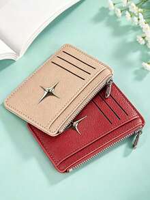Multi Card Slots PU Card Holder With Metal Star,Multi Card Slots Zipper Coin Pocket,Fashionable Card Wallet Coin Purse,Unisex Mini Wallet,For Daily - Multicolor - View 2