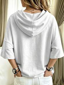 Women's Loose White Drawstring Hoodie, Dropped Shoulder Long Sleeve, Knit Fabric Regular Fit Pullover - White - View 2