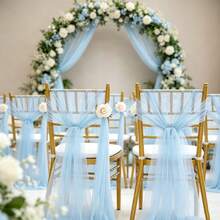 10pcs Elegant Light Blue Tulle Chair Back Bow Set, Corridor Wedding Chair Back Decor, Holiday Church Banquet Ceremony Reception Chair Tulle Set, Photography Props, Birthday Party Home Decor - Baby Blue - View 8