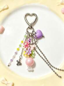 1pc Colorful Flower Beaded Girl Backpack Accessory, Tassel Heart-Shaped Bag Charm - Multicolor - View 3