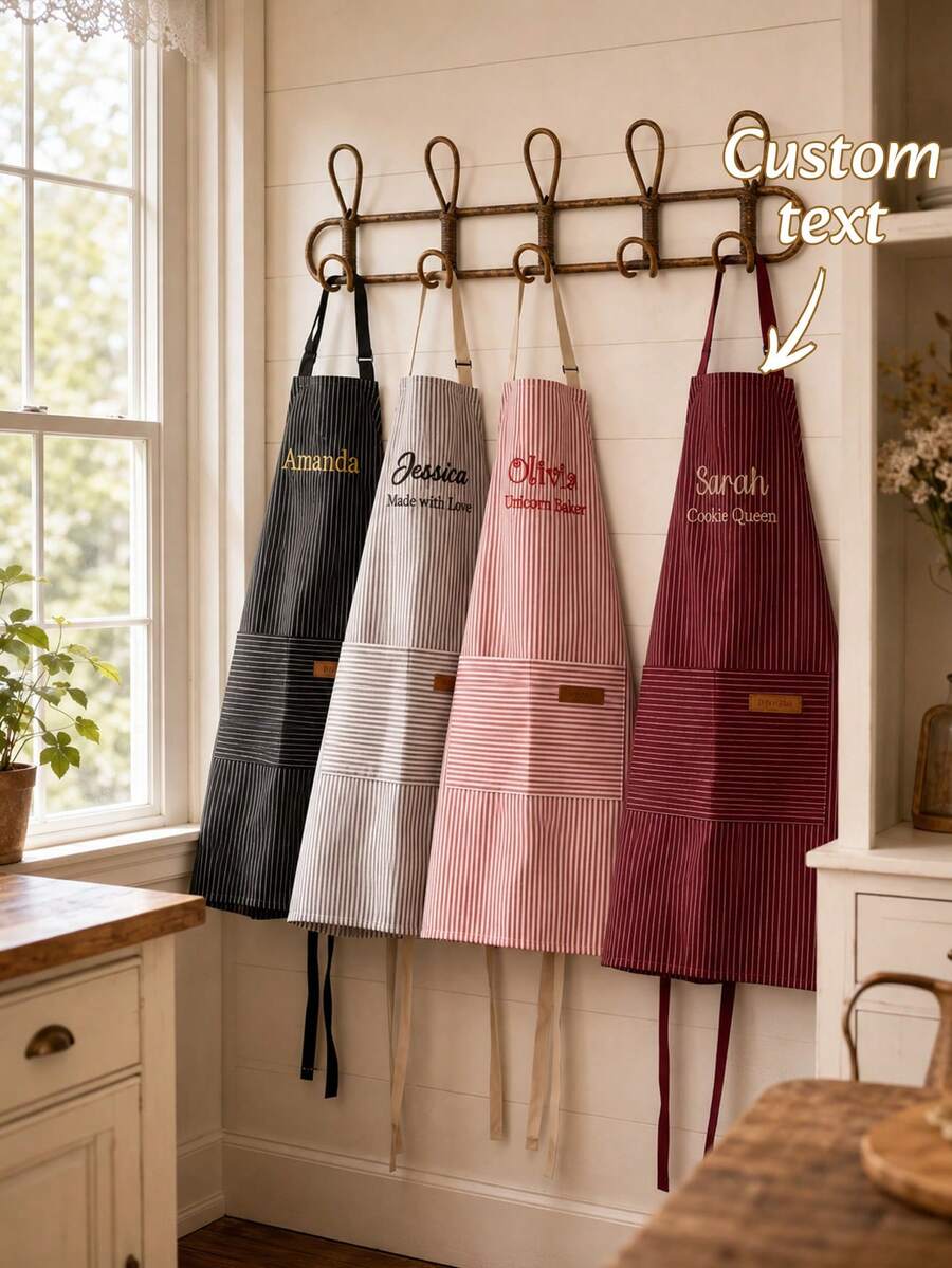 1pc Custom Embroidered Striped Apron, Personalized Text Apron With Front Pocket, Adjustable Shoulder Straps, 5 Optional Colors, Household Cooking Baking Apron, Ideal Holiday Gift For Mom, Dad, Wife, Husband, Family Members For Kitchen, BBQUse
