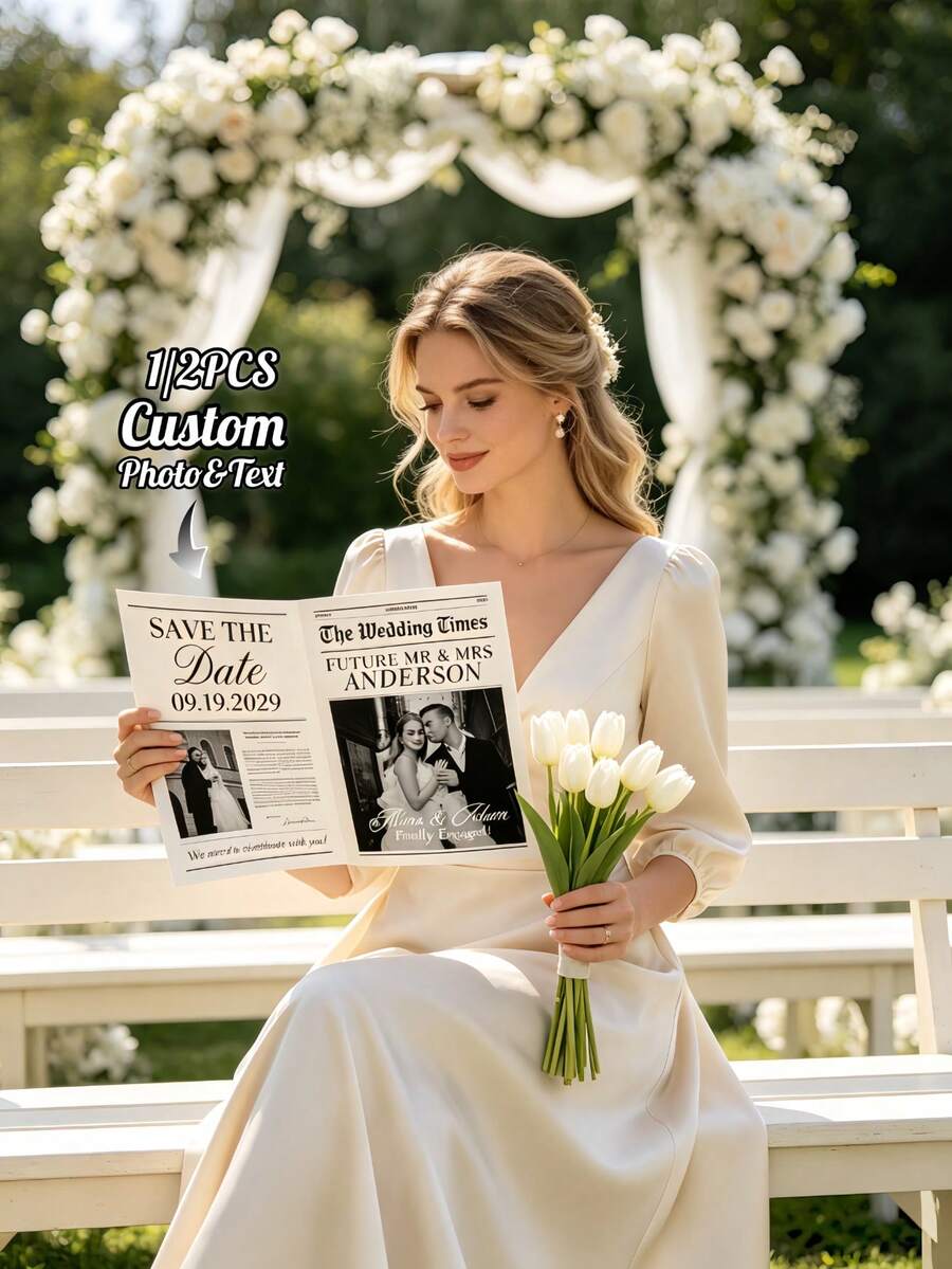 1/2pcs Customized Wedding Newspaper Poster, Custom Photo & Text, Save The Date Announcement, Engagement Bridal Shower Decoration, Wedding, Special Occasion