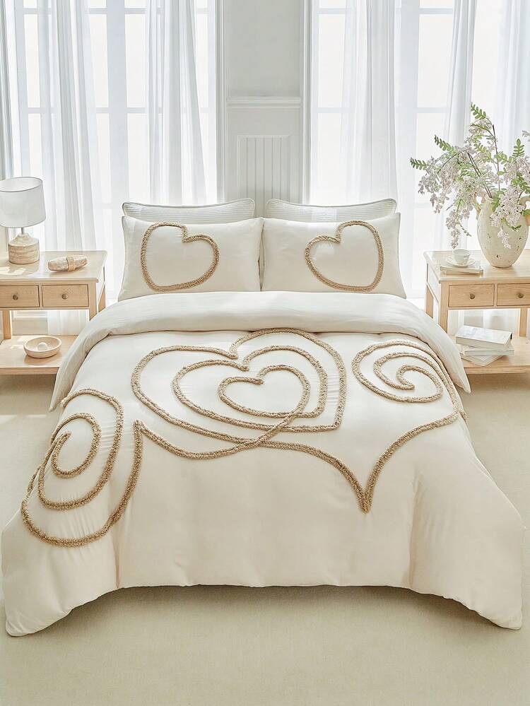 2/3pcs Khaki Heart Pattern Flocked Polyester Duvet Cover Set, Vintage Modern Luxury Style, Suitable For All Seasons, Queen Size Bedding Set (1 Duvet Cover + 1/2 Pillowcases), Soft And Breathable, No Filling - Khaki - View 1