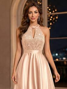 MIUSOL Halter Neck Sequin Floral Lace Patchwork Satin High-Low Hem Evening Gown, Formal Evening Dress, Ball Gown - Champagne - View 9