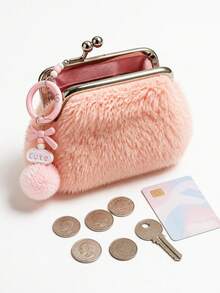 Sweet Plush Coin Purse, "Cute" Letter Bow Plush Ball Pendant Coin Purse, Women's Coin Purse, Portable Compact Coin Wallet - Multicolor - View 5