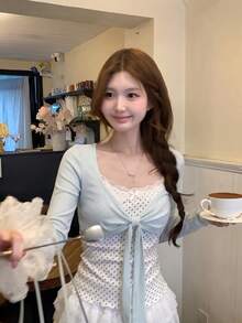 Contrast Color Bowknot T-Shirt Patchwork Design 2 In 1 Long Sleeve Top For Women - Green - View 2