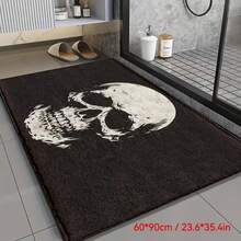 1 pieza Felpudo con diseño de patrón de calavera, material de terciopelo rectangular, 1000g/m², absorbente y suave, fácil de limpiar, lavable a máquina, adecuado para entrada, baño, cocina, ducha y otra decoración del hogar - Negro - Ver 1