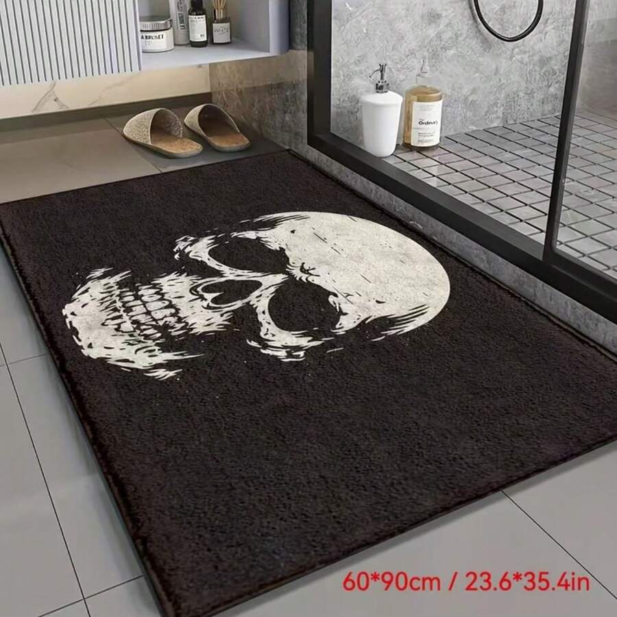 1 pieza Felpudo con diseño de patrón de calavera, material de terciopelo rectangular, 1000g/m², absorbente y suave, fácil de limpiar, lavable a máquina, adecuado para entrada, baño, cocina, ducha y otra decoración del hogar - Negro - Ver 1