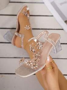 Women's Rhinestone Sandals 2026 Summer New Floral Crystal Transparent Chunky Heel Elegant Elegant Suitable For Photoshoots And Dates High Heels - Khaki - View 6