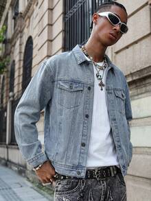 Men's Light Blue Denim Jacket, Punk Style With Multiple Skull Graffiti Print, White Ink Direct-To-Garment, Button Cuffs, Y2K Style - Light Denim Blue - View 5