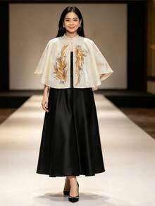Modern Filipiniana Printed Cape Bolero 1-Button Women's Top - Champagne - View 3