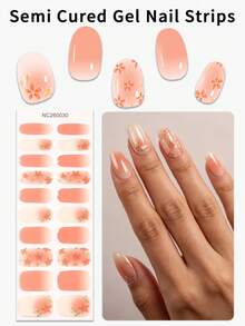 20pcs Autumn Floral Semi Cured Gel Nail Strips, Warm Apricot Ombre Gold Flower Gel Nail Wraps, UV Lamp Cure & Long Lasting Salon Quality Nail Art For Women's Fall Outfits And Autumn Parties - Apricot - View 2