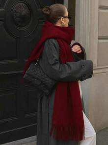 1PC Women's Minimalist Burgundy Solid Color Regular Style Faux Cashmere Scarf, Pashmina Fringe Scarf, Fall Decor, Suitable For Seasonal Transitions, Preppy Style, Daily Wear, Windproof And Warm, Red Christmas Celebration, New Year Gift - Burgundy - View 2