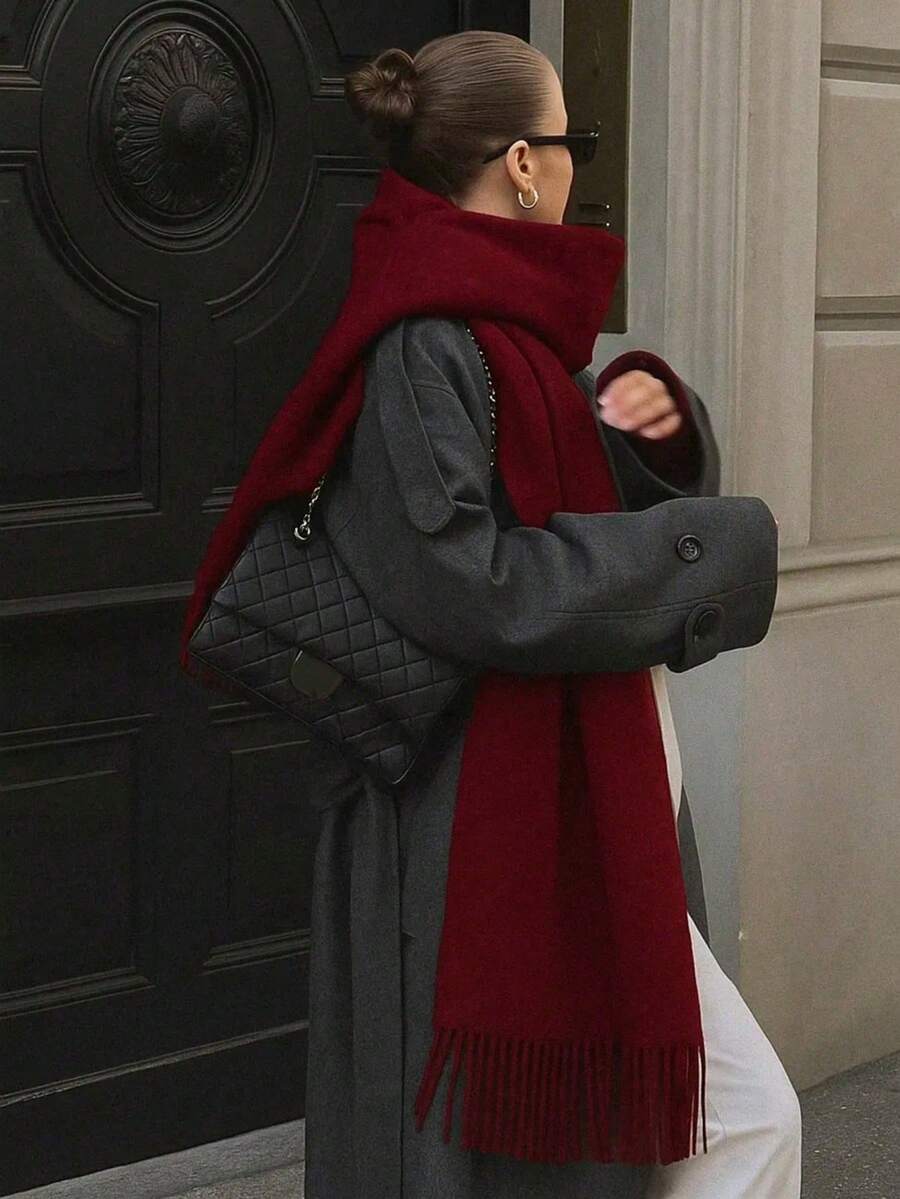1PC Women's Minimalist Burgundy Solid Color Regular Style Faux Cashmere Scarf, Pashmina Fringe Scarf, Fall Decor, Suitable For Seasonal Transitions, Preppy Style, Daily Wear, Windproof And Warm, Red Christmas Celebration, New Year Gift