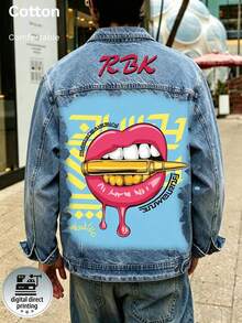 Men's Denim Jacket, Featuring A Red Lipstick Bullet Motif, White Ink Direct-To-Fabric Printing, And A Vintage Distressed Wash Finish - Light Denim Blue - View 2
