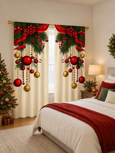 2pcs Christmas Themed Curtains, Christmas Ball And Pine Branch Pattern, Suitable For Christmas Holiday Home Decor, Home Decoration, Living Room Bedroom Atmosphere Decoration, 2027 Christmas Holiday Decoration. Rod Pocket Semi-Sheer Curtains.
