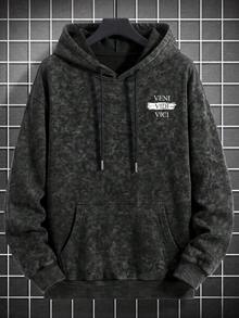 Black Gray Washed Tie-Dye Broken David Statue Back Latin Slogan Hoodie Sweatshirt Men's Loose Fit With Hood - Black - View 5