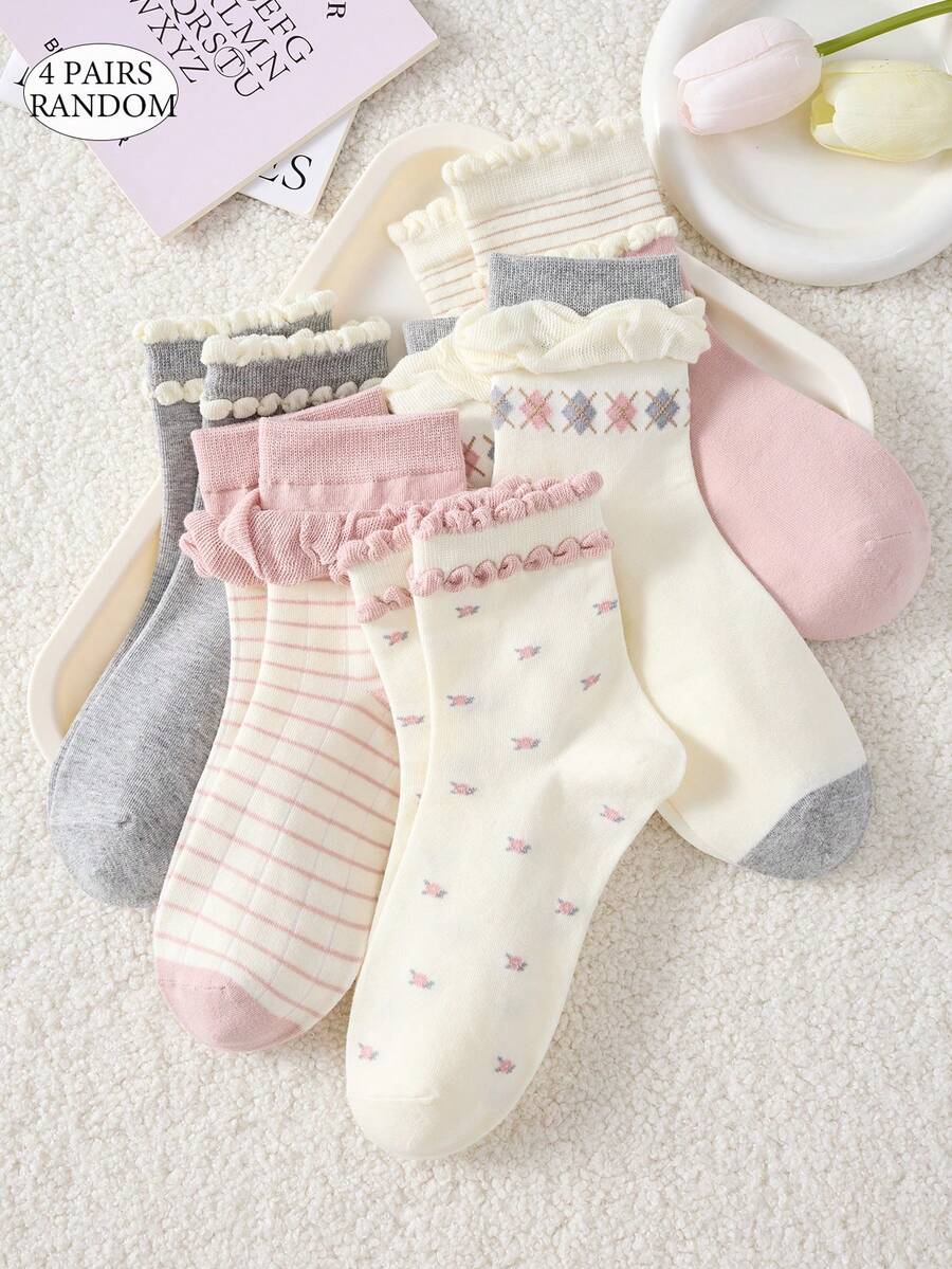 4 Pairs Women's Cute Sweet Breathable Floral Striped Pattern Forest Style Lace Mid-Calf Socks Short Socks White Socks Gray Socks Casual Comfortable Preppy Student Socks Fashion Comfortable Random Color Suitable For Daily Wear Spring Summer Autumn Winter All Seasons - Multicolor - View 1