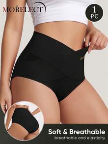 Morelect 1 buah Celana Dalam Wanita Pinggang Sedang-Tinggi, Desain Tali Silang, Warna Polos, Pengontrol Perut, Elastis, Membentuk Tubuh, Pas di Badan, Lembut - Hitam - View 4