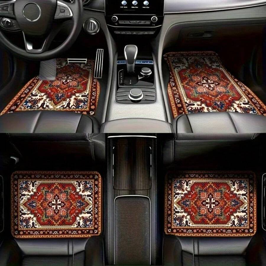 4pcs Car Floor Mats Set: Red Bohemian Exquisite Pattern, Crystal Velvet, Polyester Fiber, Universal Fit For Front And Rear Seats, Suitable For Various Car Models - Multicolor - View 1