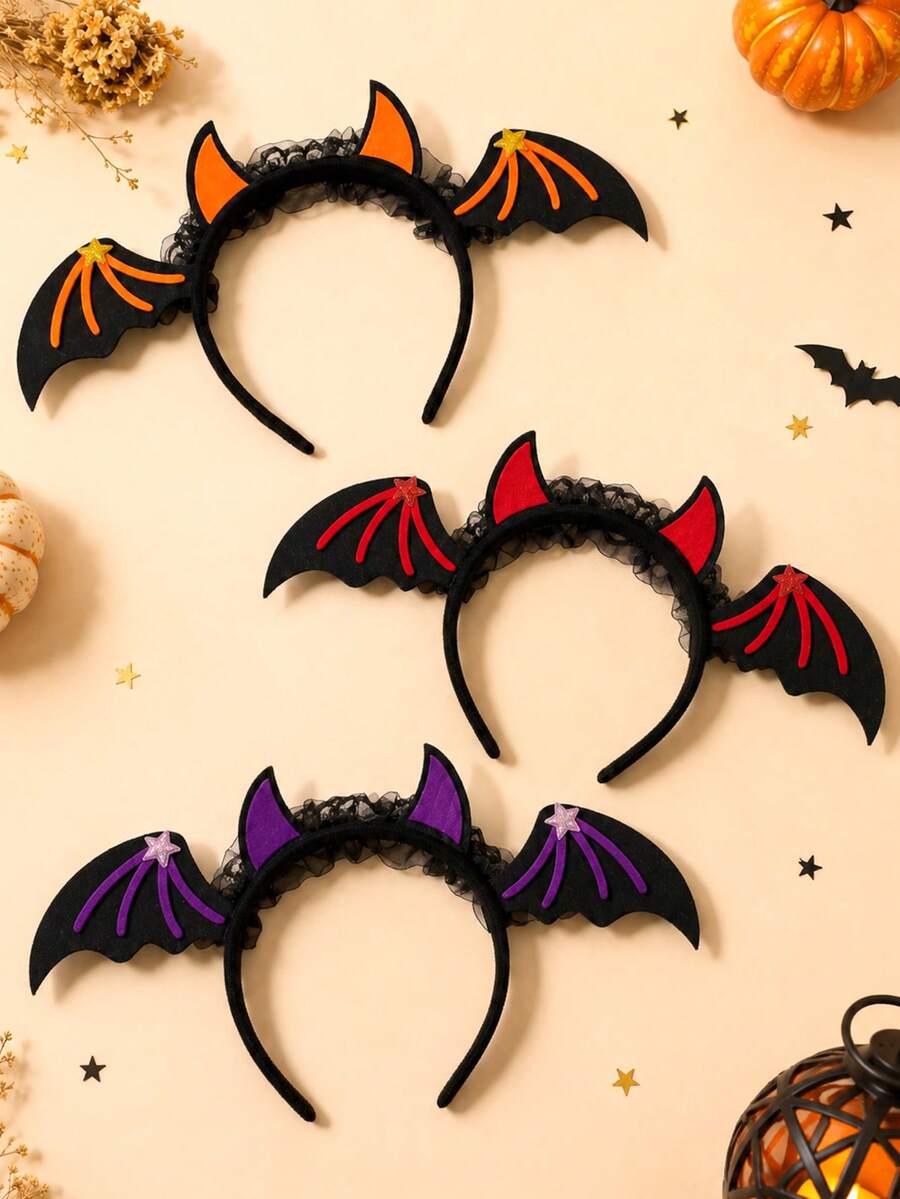 1/3pcs Halloween Devil Horns & Bat Wings Headband, Lace Felt Party ...
