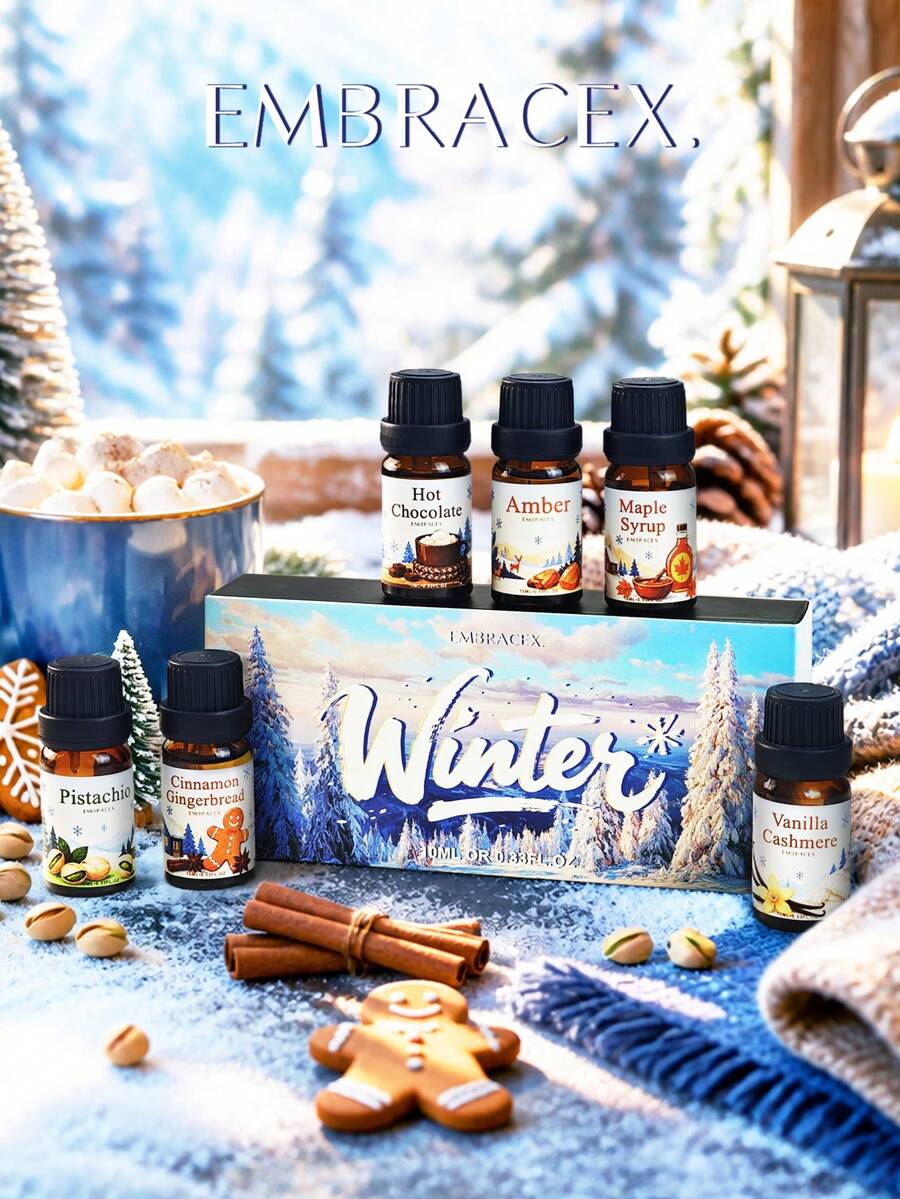 EMBRACEX. 6pcs/1 Set 10ml Winter Essential Oil Set, Warm Scent, Suitable For Diffuser/Humidifier, Winter Atmosphere, Aromatherapy Candle, Romantic Scent, Thanksgiving/Christmas Gift, Multiple Fragrances Available - Winter Set - View 1