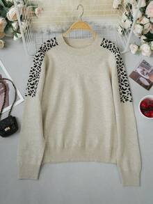 Vintage Patchwork Lazy Knit Top, Black Leopard Print Raglan Block Crew Neck Versatile Casual Long Sleeve Sweater, Suitable For Daily Commute, Shopping, Travel, Home Leisure - Champagne - View 6