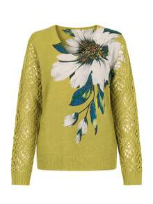 Elegant Floral Print V-Neck Long Sleeve Sweater, Versatile For Spring, Summer, Autumn, Winter, Bohemian Style, Travel Vacation Fall - Green - View 8
