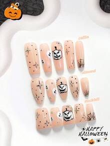 10 piezas de uñas postizas con tema de Halloween, estilo lindo hecho a mano, set de arte de uñas de polygel, uñas con calabaza, fantasma, negro & blanco con strass, estilo dulce & cool, incluye herramientas para uñas, 3 tamaños disponibles, forma almendra/pato/ataúd, adecuado para fiesta, baile, uso diario - Multicolor - Ver 1