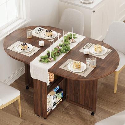 Three In One Folding Dining Table, Drop Leaf Oval Kitchen Desk With Wine Rack And Lockable Casters For Small Space Apartment Living Room Display, Modern Minimalist Style, Brown, One Piece