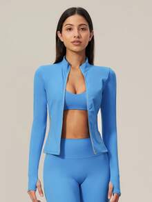 TimeOff Women's 1pc Solid Color Stand Collar Zipper Jacket With Side Pockets And Thumb Holes, Autumn/Winter - Blue - View 5