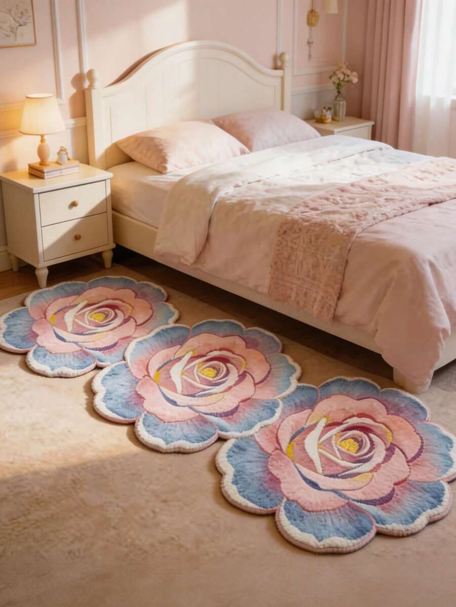 1 pieza Alfombra de retazos de rosas azul & rosa, Alfombra engrosada, Alfombra gruesa, Alfombra de felpa, Alfombra de otoño/invierno, Alfombra engrosada, Alfombra decorativa, Decoración de dormitorio, Alfombra pequeña, Alfombra, Decoración del hogar, Alfombra de sala de estar - Celeste - Ver 1
