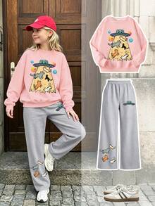2pcs/Set Girls Outfit, Includes 1pc Cat Print Crew Neck Sweatshirt And 1pc Simple Casual Wide Leg Pants, New Comfortable Autumn/Winter Girls Set - Pink - View 1