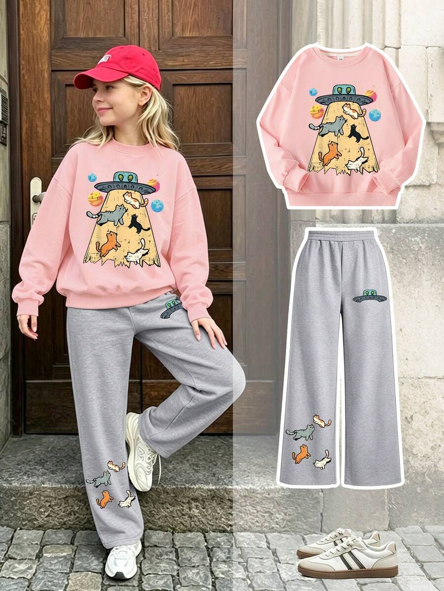 2pcs/Set Girls Outfit, Includes 1pc Cat Print Crew Neck Sweatshirt And 1pc Simple Casual Wide Leg Pants, New Comfortable Autumn/Winter Girls Set - Pink - View 1