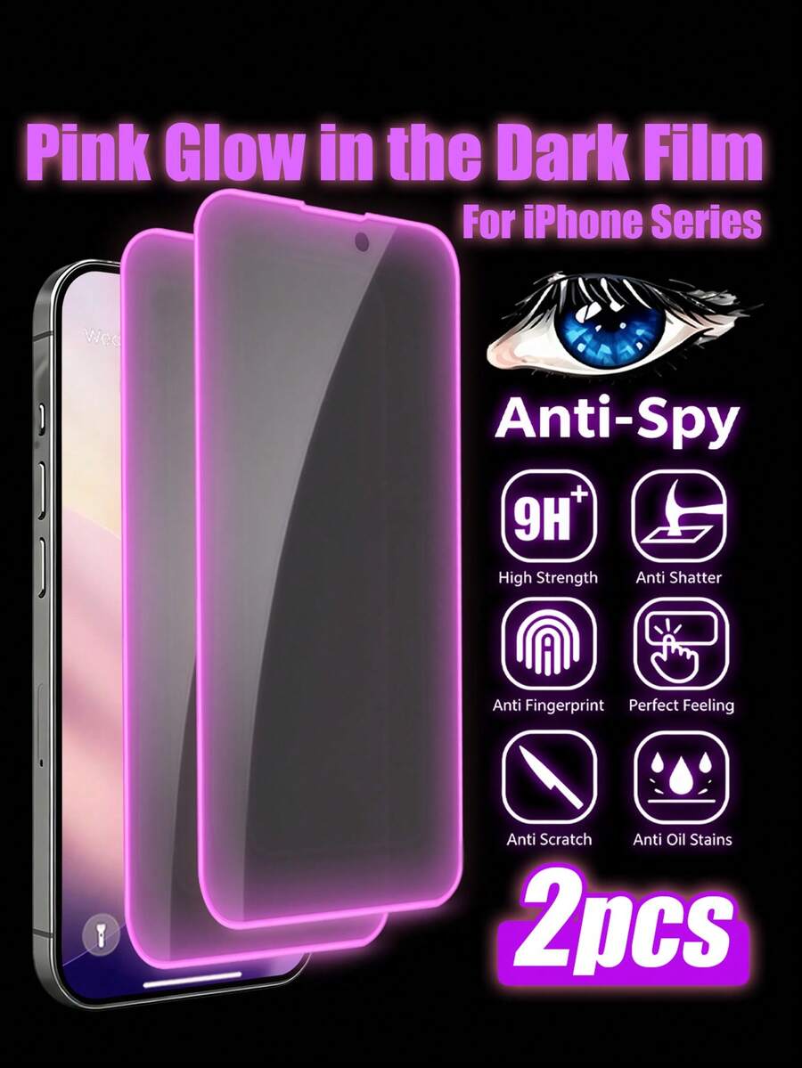 Navigator 2pcs Purple Glow-In-The-Dark Edge Anti-Peeping Screen Protector, Anti-Peeping Protection, Glowing Edge, Easy To Find At Night, 9H Hardness, Anti-Shatter, Hydrophobic Coating, Full Coverage, Compatible With IPhone Ultra/18 Pro Max/18 Pro/18/17e/17 Pro Max/17 Pro/17 Air/17/16 Pro Max/16 Pro/16 Plus/16/15 Pro Max/15/14/13/12 And Other Models.