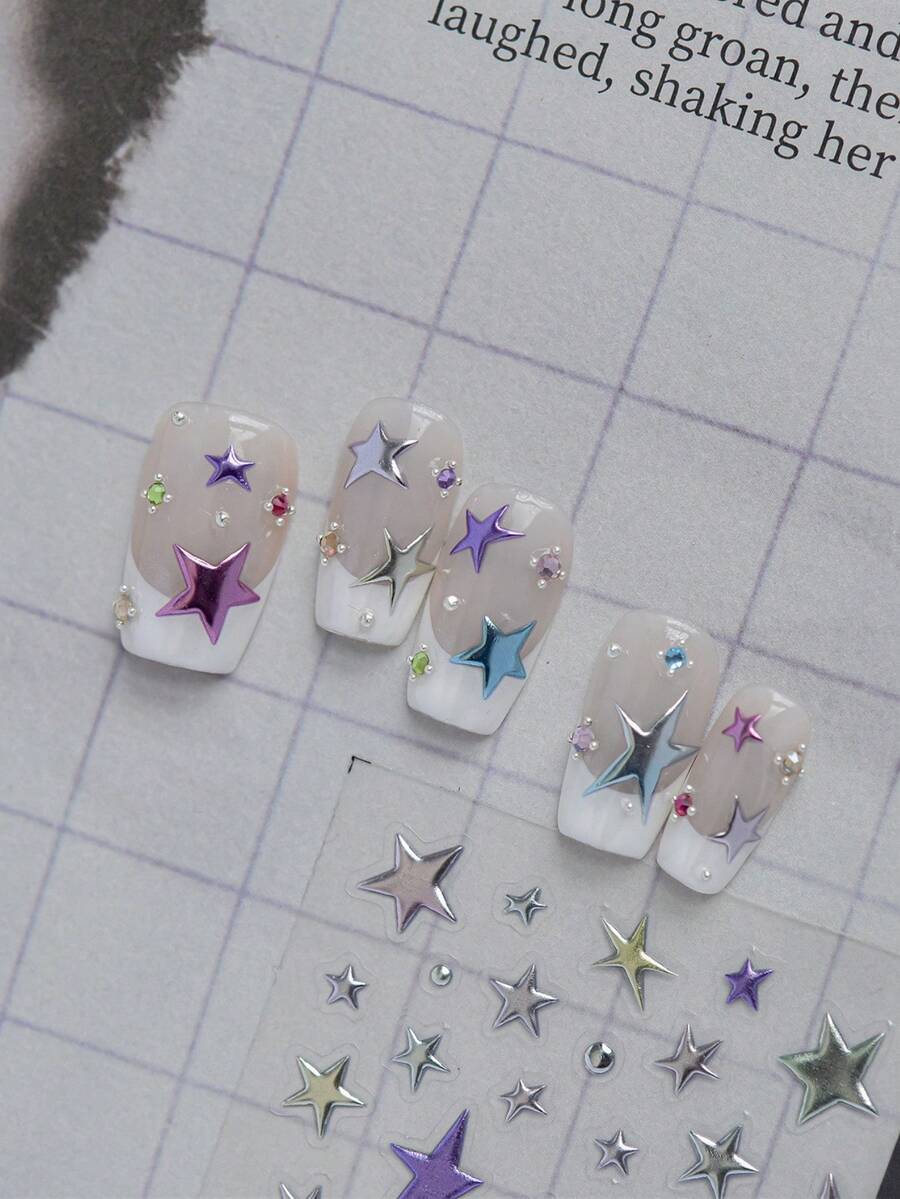 1pc Metal Nail Art Sticker, Self-Adhesive Minimalist Delicate Small Accessory Nail Decal, Hot Stamping Rainbow Star Nose Stud Sticker
