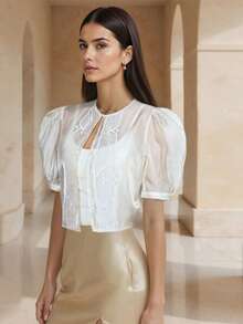 Amyenjoylife Modern Filipiniana Top 1pc Button-Up Short Sleeve Cardigan Blouse For Women, Holiday, Vacation, Daily, Dating, Spring/Summer - Apricot - View 3