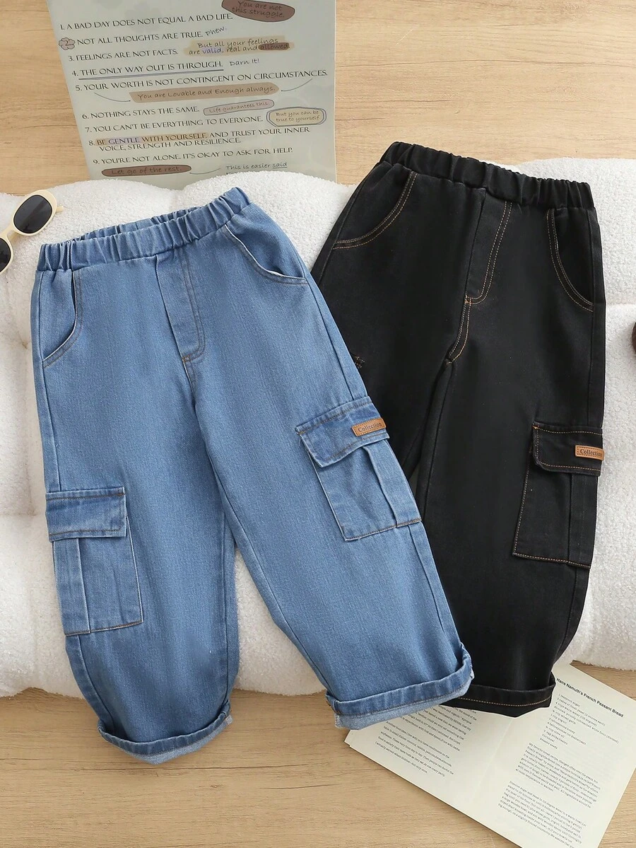 2pcs/Pack Boys' Cargo Denim Jeans, Spring/Autumn Kids Loose Straight Leg Long Pants, Elastic Waist, Large Pockets, Cuffed Hem, Casual Workwear - Multicolor - View 1