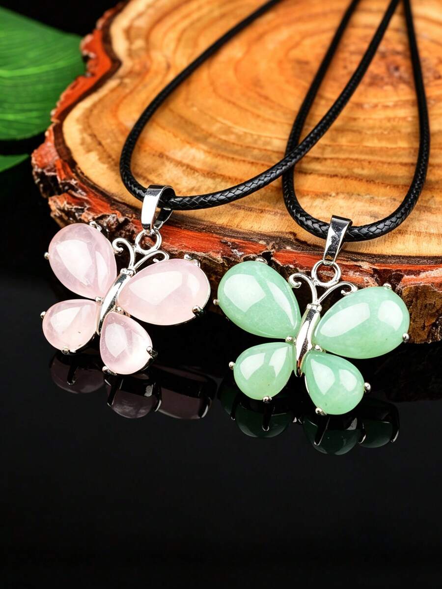 Natural Crystal Butterfly Pendant Necklace, Pink Quartz, Amethyst, Tiger Eye, Multicolor Options, Unique Niche Stone Accessory Gift