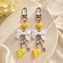 1pc/2pcs Women's Food-Inspired Imitation Cheese Resin Pendant Heart Beads Bow Fork Charm Keychain Gift For Friends Besties Cute Bag Accessory - Multicolor - View 5