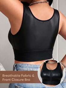1pc Plus Size Front 3-Row Hook & Eye Removable Padding Women's Sports Bra - Black - View 3