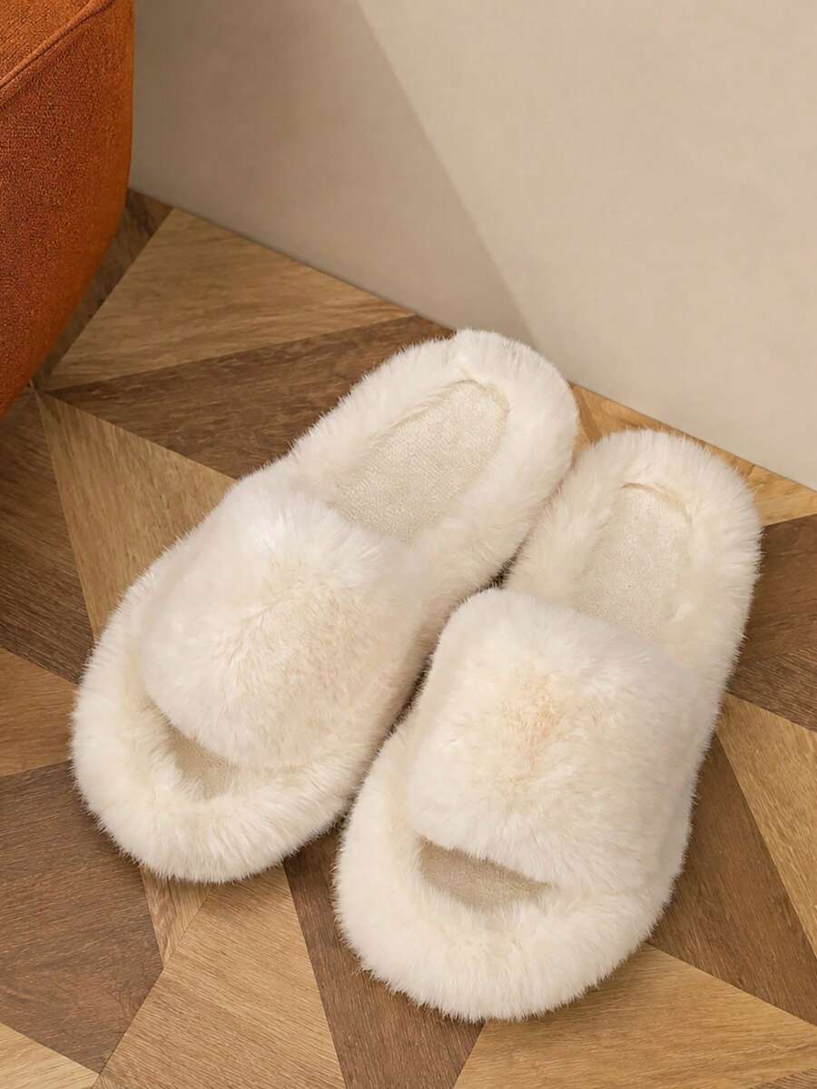Chinelos de Pelúcia Diários Femininos, Calcanhar Oco, Fácil de Colocar e Tirar, Estilo Casual - Bege - Visão 1