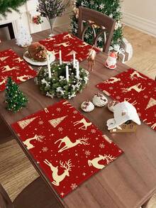 1pc Christmas Series Pattern Printed Table Runner, 4pcs Christmas Pattern Printed Placemats, Suitable For Holiday, Party, Birthday, Dinner, Kitchen Dining Table Decoration, All-Season Room Decor, Home Textile Decoration Table Runner - Multicolor - View 6