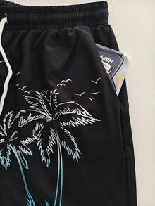 Men's Gradient Palm Print Unlined Drawstring Elastic Waist Slanted Pocket Casual Vacation Hawaiian Beach Shorts - Black - View 5