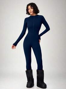 NcmRyu Women's 1pc Autumn/Winter Thermal Lined Solid Color Zipper Stand Collar Long Sleeve One-Piece Ski Suit - Navy Blue - View 7