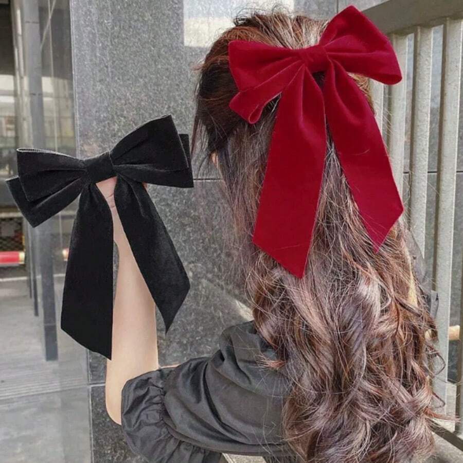 1pc Large Velvet Bow Hair Clip, Large Satin Ribbon Hair Accessory, Korean Style Women's Hair Decoration, Cute Back Hair Ornament, Suitable For Daily Wear And Party - Multicolor - View 1